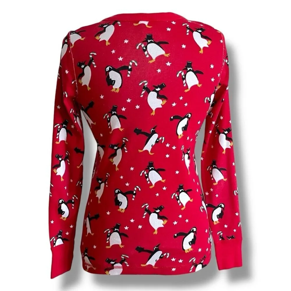 Hanna Andersson Womens Pajama Top Sz Small Red Organic Cotton Penguin Candy Cane